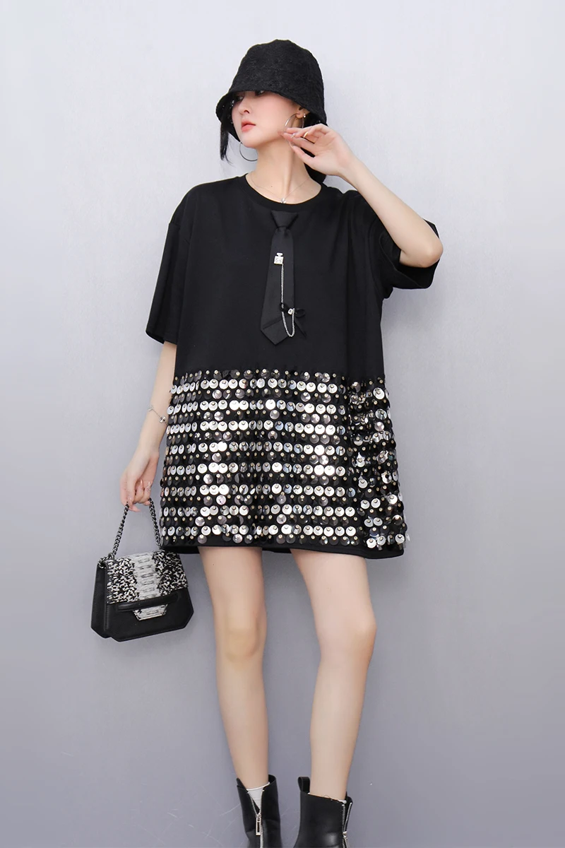 2025 Summer New Korean Style Fashion Women Black O-Neck Loose T-shirts  Female Glitter Top Wholesale J993 - AliExpress 200000345