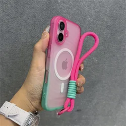 Luxury Water Ripple Phone Case with Lanyard - Gradient Matte Translucent Back Cover for iPhone 12 Pro (Rose Red Green)