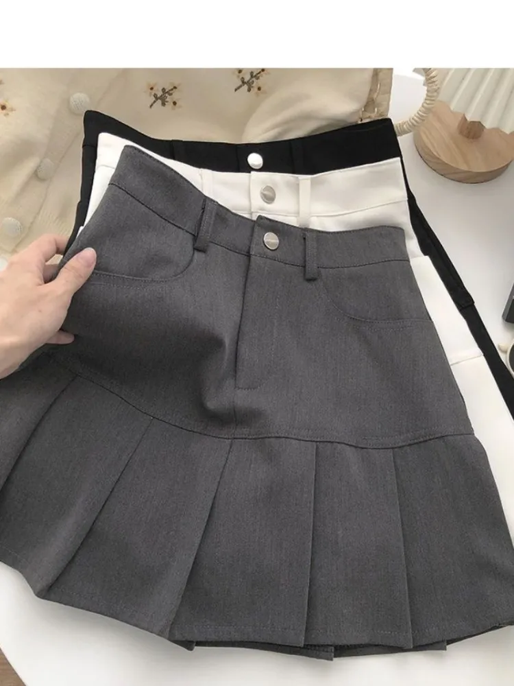 

Preppy Style Vintage Pleated Suit Mini Skirt Women Korean Cute A-Line High Waist Solid Casual Pocket Skirt For Girls 2023 Summer