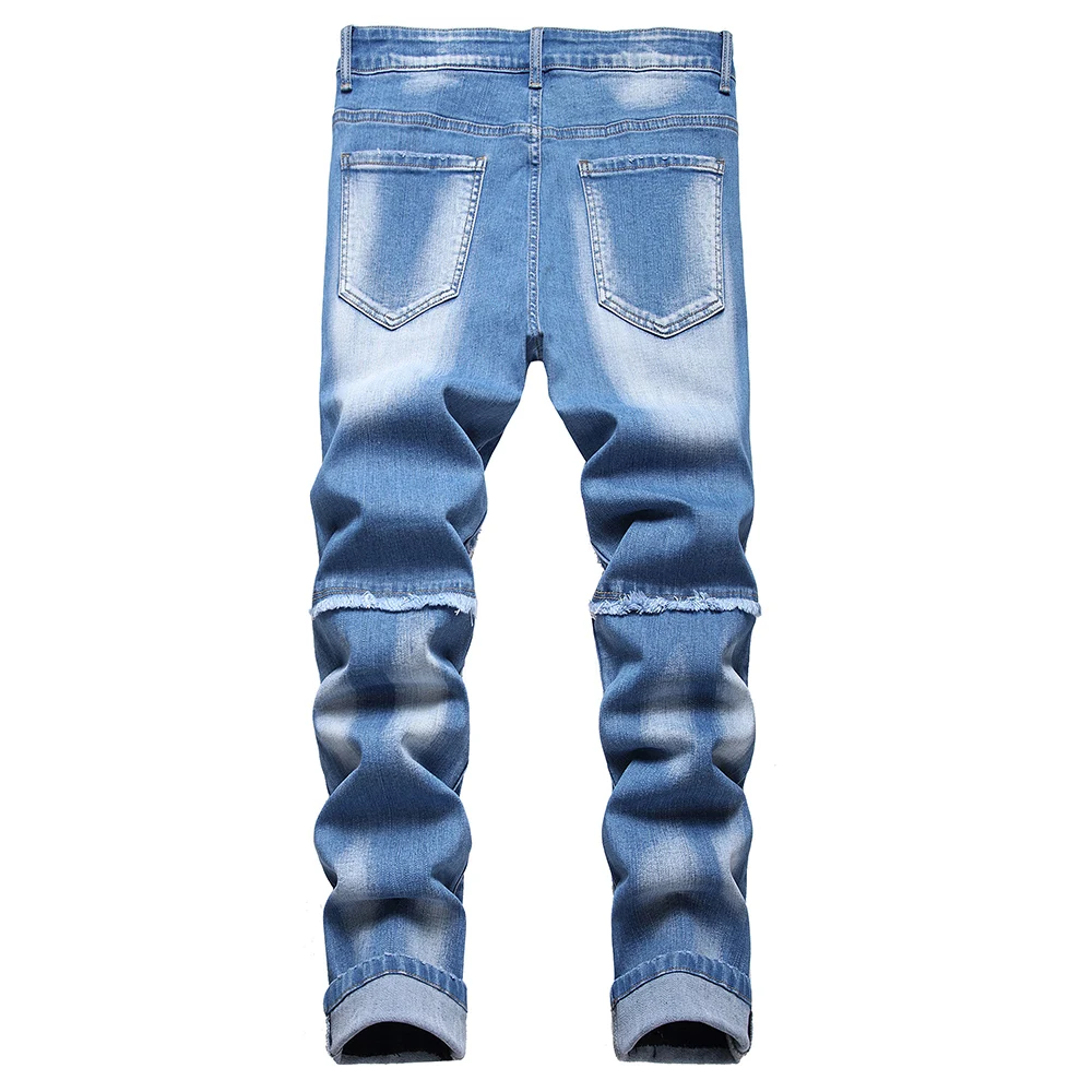 Men Patches Ripped Denim Jeans Casual Holes Distressed Stretch Pants Slim Straight Trousers