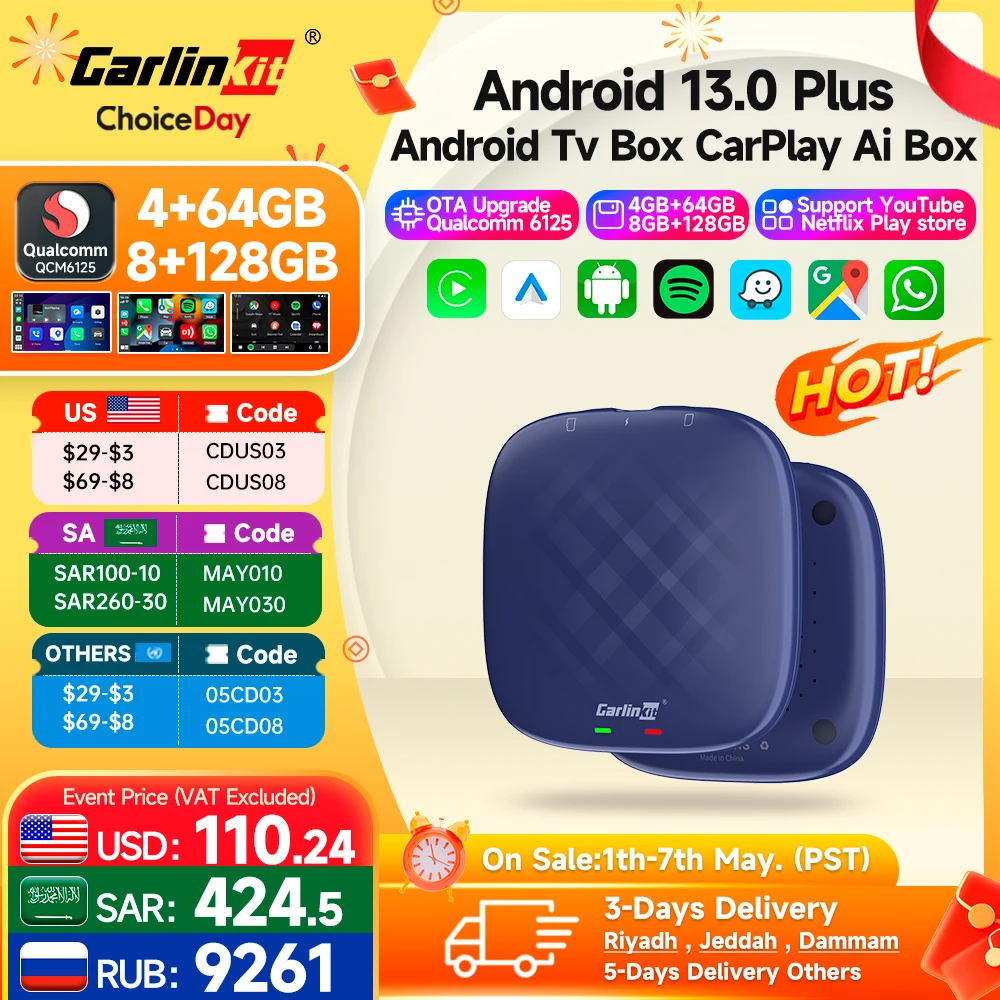 Carlinkit CarPlay Ai TV, pudełko Plus Android13 8 + 128GB QCM 8-rdzeniowy 665 6125 bezprzewodowy CarPlay Android Auto dla Youtube Netflix 4G LTE