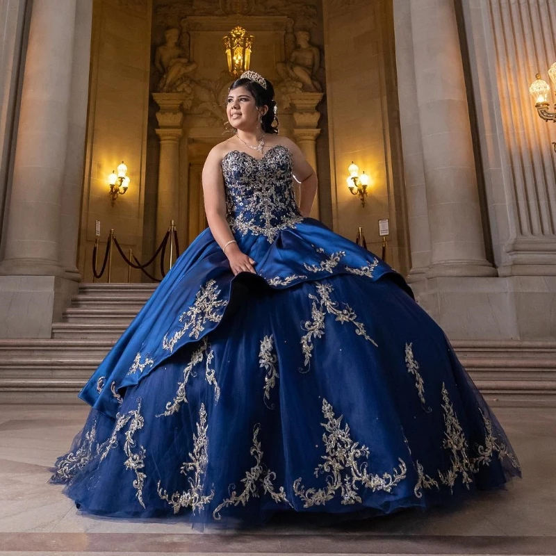 

Navy Blue Quinceanera Dress Ball Gown Off The Shoulder Applique Lace Beads Sweet 16 Vestidos De 15 Años