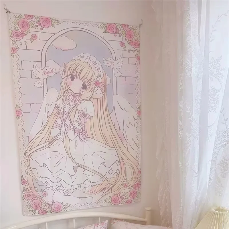 VIKAMA Niedlicher Engel-Wandteppich in Rosa-Weiß als Wanddekoration für Schlafzimmer, Wohnzimmer, Studentenzimmer und Anime-Fan-Räume – Detail 3