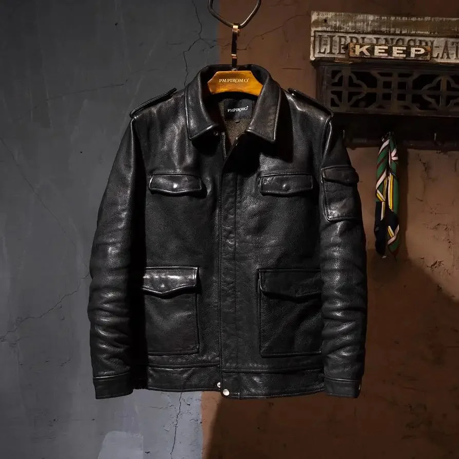 YR!Free shipping.Luxury Men's business casual Real leather jacket.Heavy 1.5mm Full Grain tanned cowhide coat.Warm Hunting wear