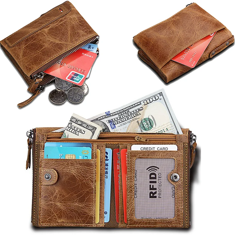 

Crazy Horse Cowhide Men's Wallet RFID Anti-Theft Brush Cowhide short Bill Clip Wallets Card Double Zipper Coin Purses Money Bags