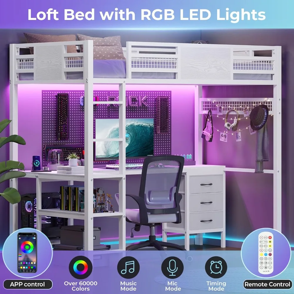 Loft Bed with L-Shaped Desk, Storage Drawers, Shelves, Power Outlets & LED Lights - Space Saving Twin Size