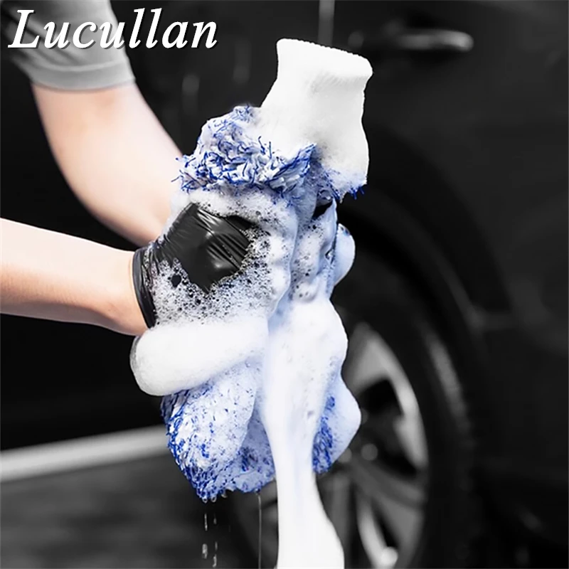 Lucullan 사이클론 워시 미트, 부드러운 극세사 혼합, 매우 두꺼운 폼 메쉬 내부 안감, 스티치 포함, 7 인치 x 8 인치