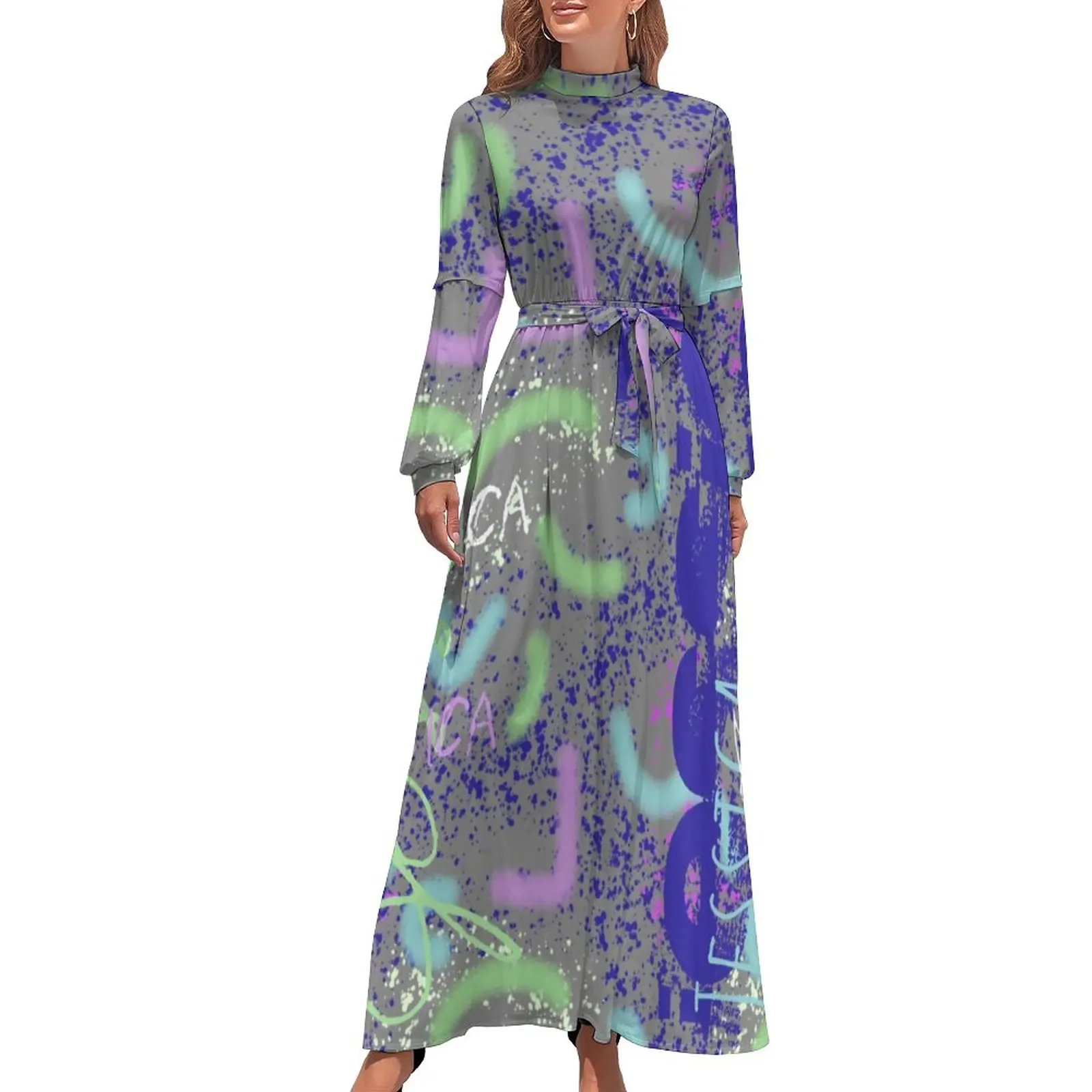 

Colorful Abstract Letters Dress Long-Sleeve Graffiti Art Print Sexy Maxi Dress High Waist Fashion Boho Beach Long Dresses Gift