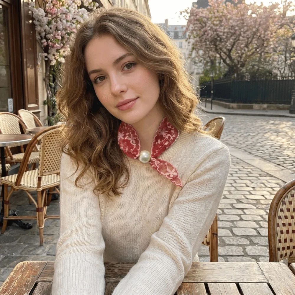 Sciarpa con Chiusura Magnetica a Scatto, Elegante Sciarpa Regolabile con Perle e Pizzo, Collana a Catena per Clavicola, Versatile Sciarpa per Colletto Camicia - immagine 5