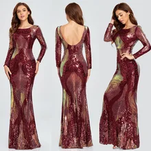 

2022 spring and autumn elastic elegant large size high waist long sleeve round neck open back sequined fishtail evening dress wo