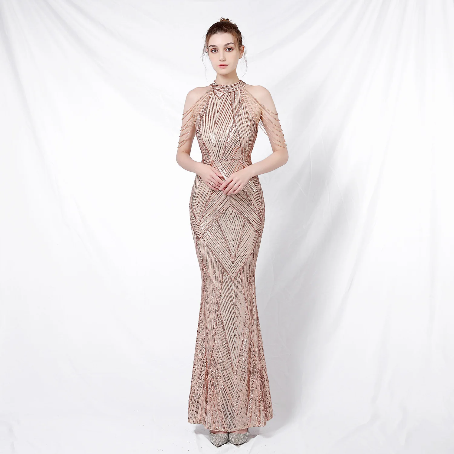 

Elegant banquet temperament Long neck sequined celebrity fishtail evening dress birthday dress for women