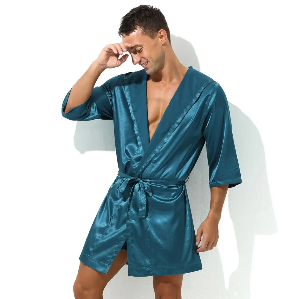 Sexy Sleepwear Men Robes Bathrobes Soft Silky Short Sleeve Nightgown Mens Homewear Dressing Gown Male Pajamas (No shorts)
