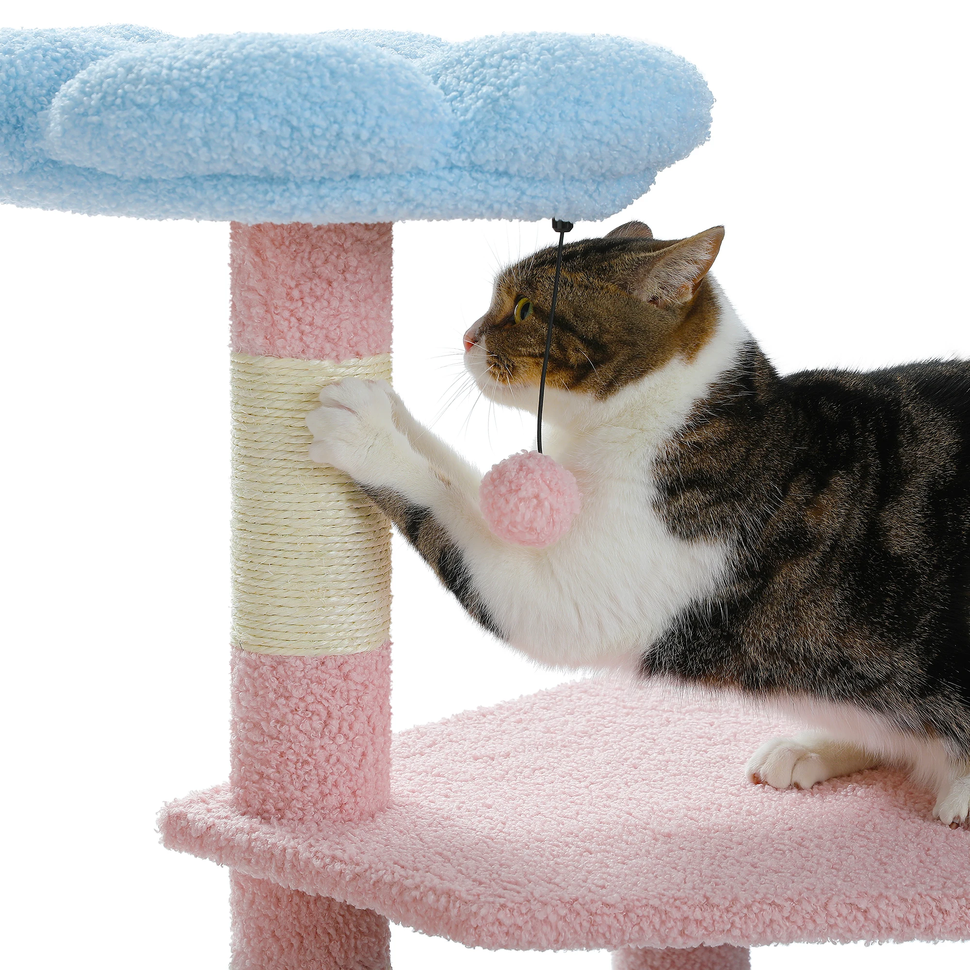Multi-Level Cat Tower with Sisal Covered Scratching Posts Cute Cat Condo for Indoor Small Medium Cats Pink Top Perch,Ramp