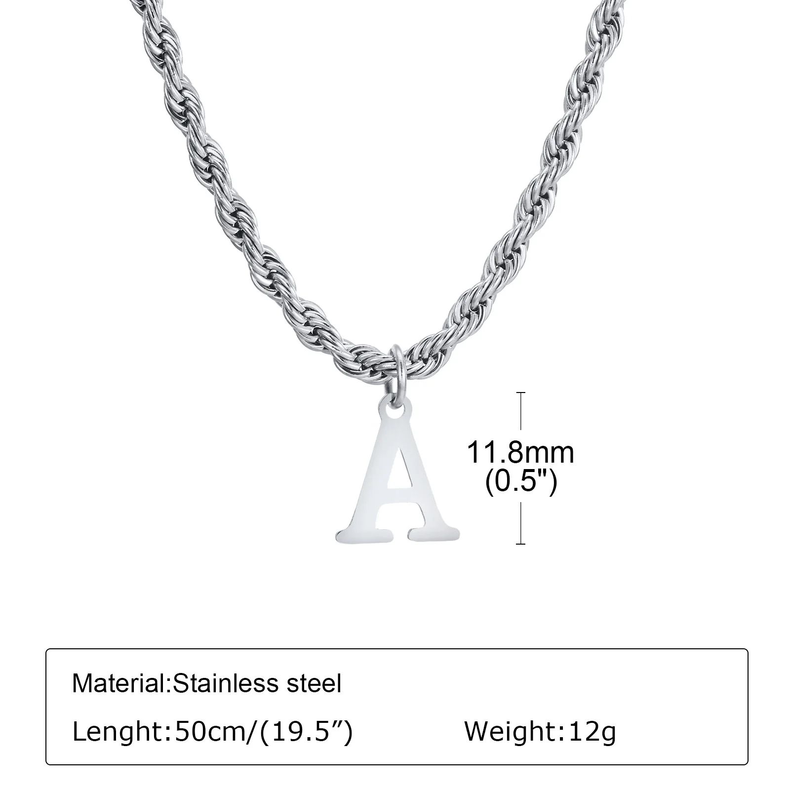 Vnox Unisex Stainless Steel Initial Necklace with Twisted Rope Chain