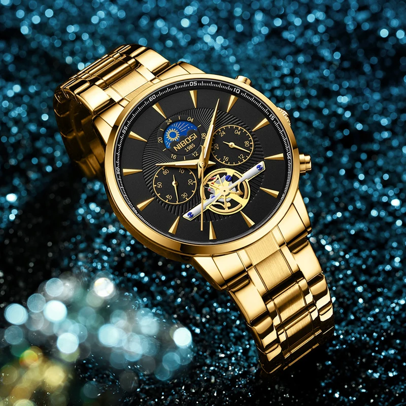 NIBOSI Brand Luxury Tourbillon Quartz Watch Men Stainless Steel Waterproof Fashion Chronograph Watches Mens Relogio Masculino