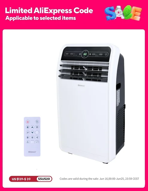 Shinco 10,000 BTU Portable Air Conditioner, Portable AC Unit with Built-in Cool, Dehumidifier & Fan Modes for Room up to 300 sq. 1