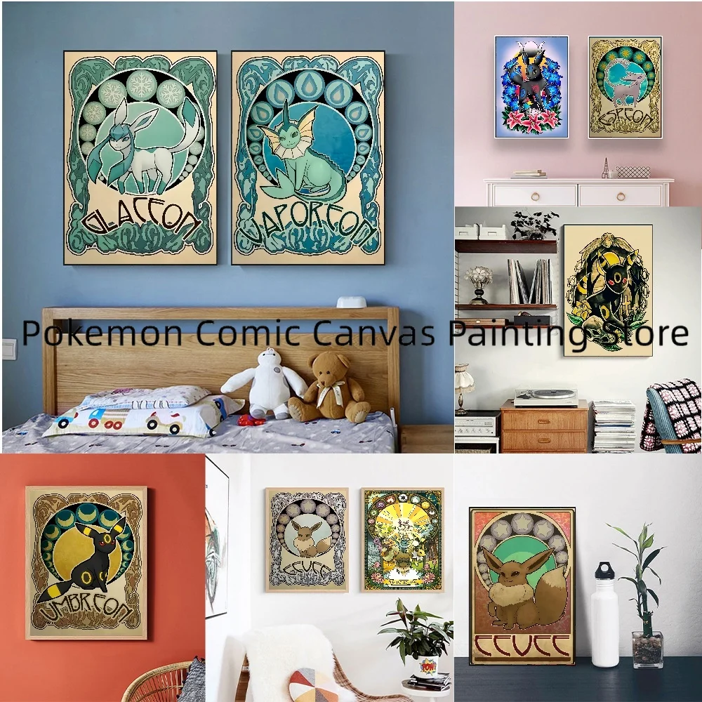 

Japanese Manga Pokémon Mewtwo Peripherals Vintage Canvas Painting Art Wall for Kids Bedroom Decor Stickers and Posters Gift