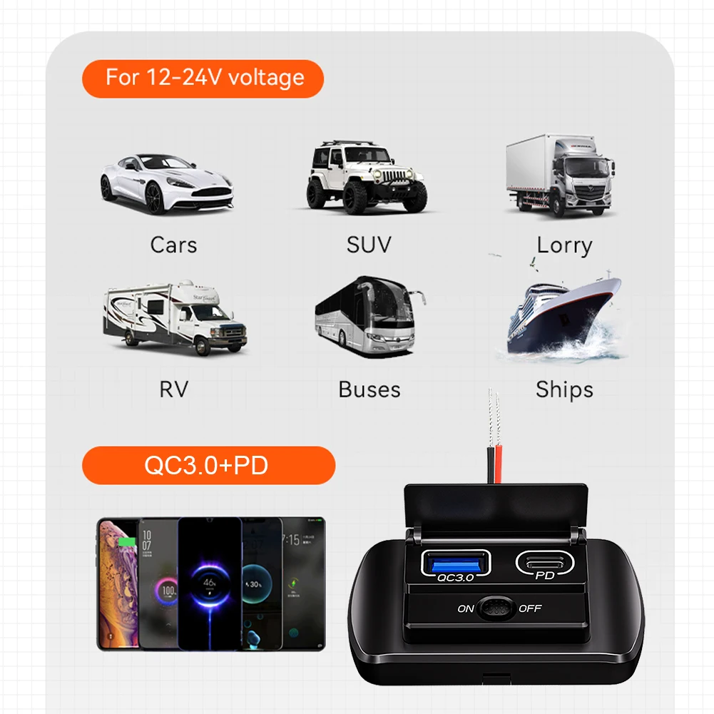 12V/24V USB Power Socket with Switch with ON/OFF QC3.0 PD Dual USB Ports Waterproof Dustproof for Most Cars Motorcycles Boats RV