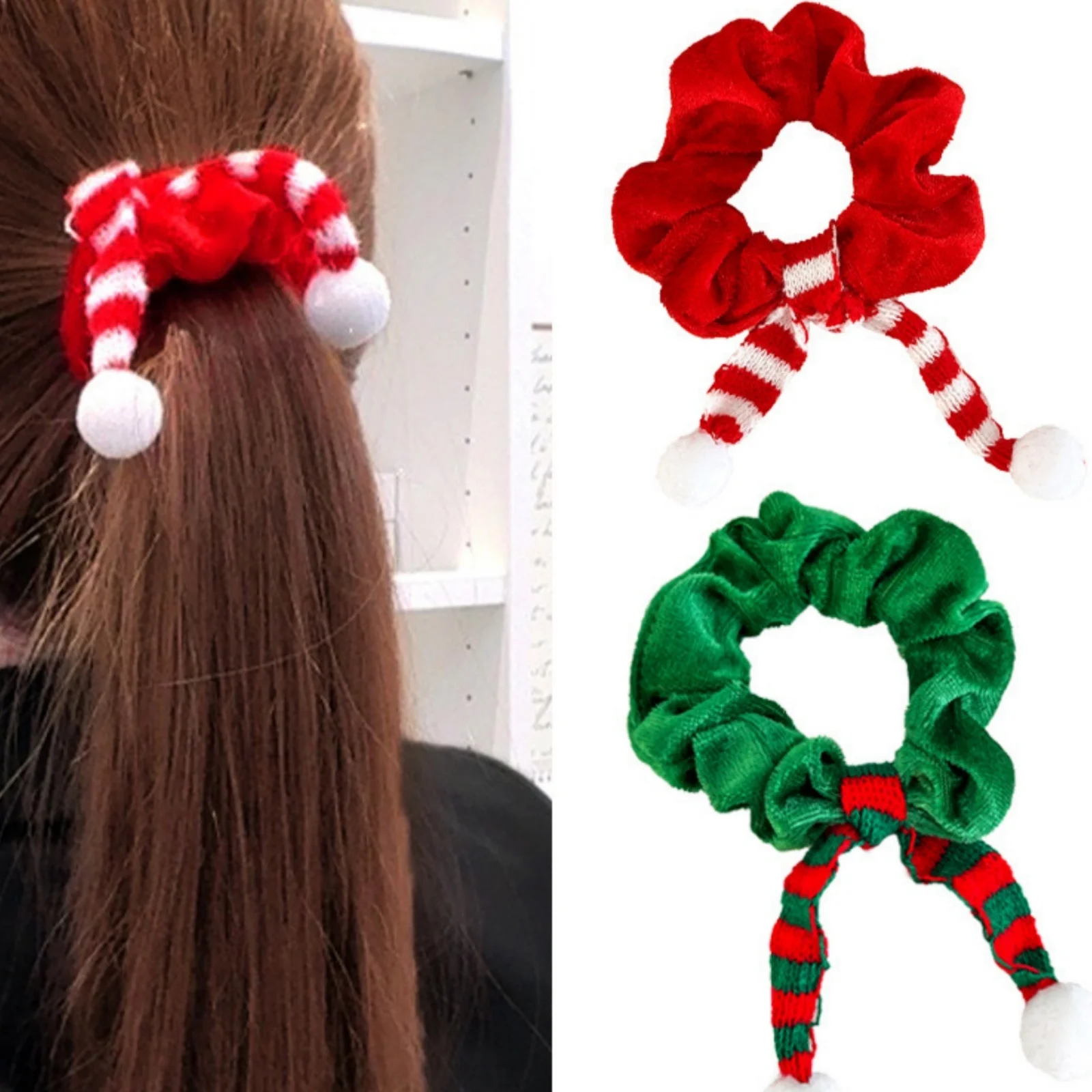 2PCS Christmas Velvet Scrunchies, Elf Hat Striped Hair Ties with Pom Poms,Xmas Party Hair Accessories for Women Girls Christmas