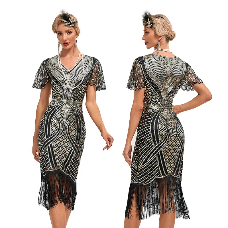 Women’s Flapper Dresses Set 1920s V Neck Beaded Fringed Great Gatsby Dress Semi-Sheer Lace Sleeve Lady Cocktail Party Dress