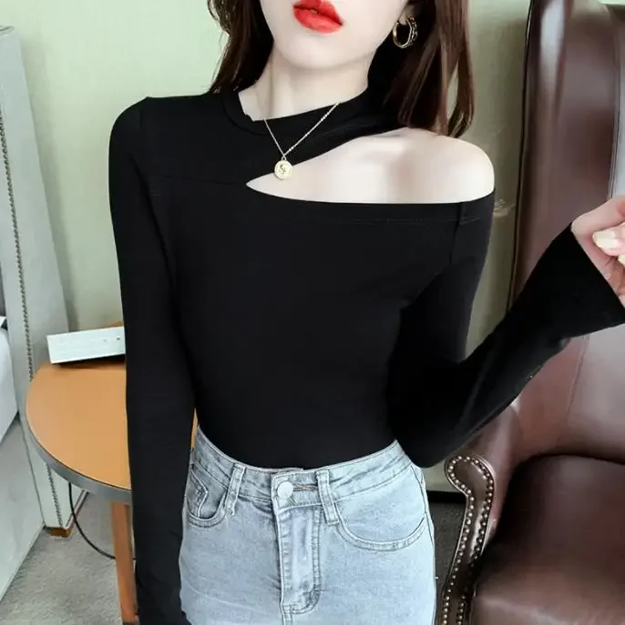

Hollow out solid color long sleeved top for women