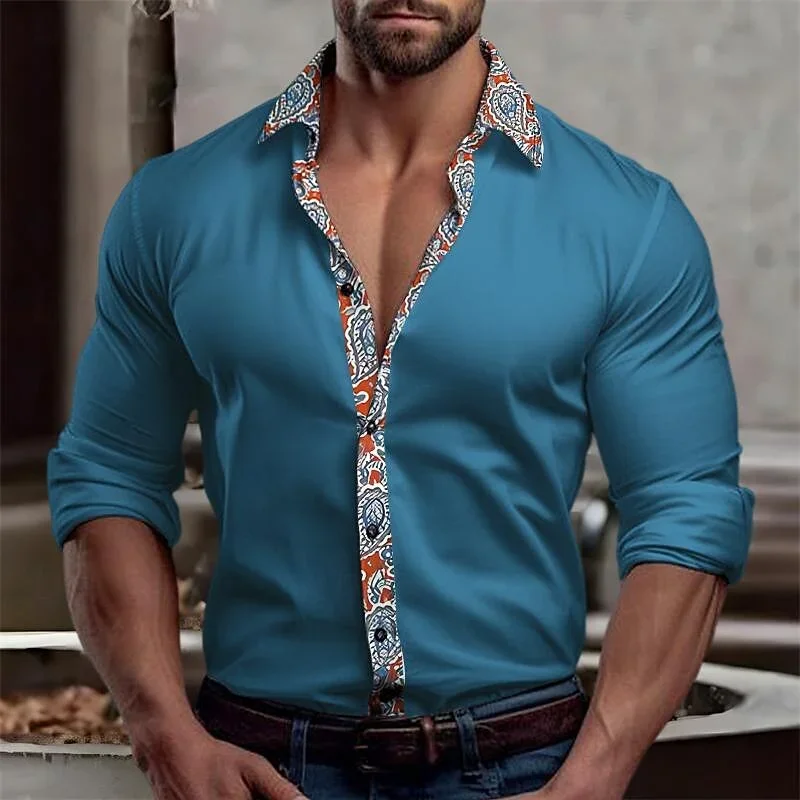 

Men's shirt button-up shirt black and white blue dark blue long sleeve lapel patchwork clothing casual and comfortable 6XL