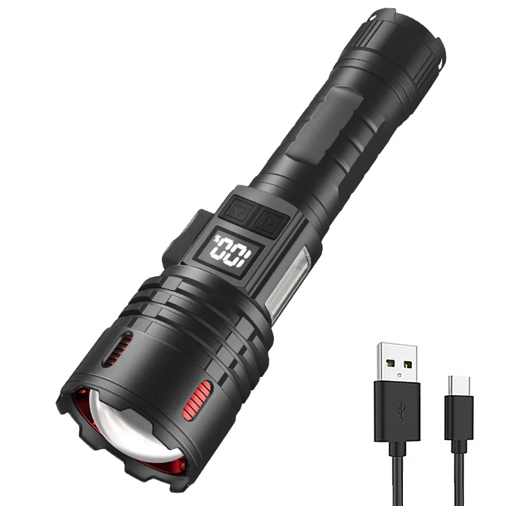 고출력 LED 손전등, IPX4 방수, 전원 디스플레이, 강력한 작업 조명, 정전용, 1000LM, 2500mAh