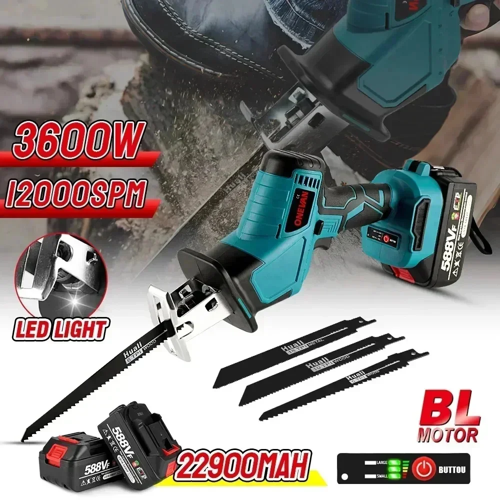 Scie Sabre Sans Fil ONEVIAN 3600W - 4 Lames Incluses - Compatible Batterie Makita 18V