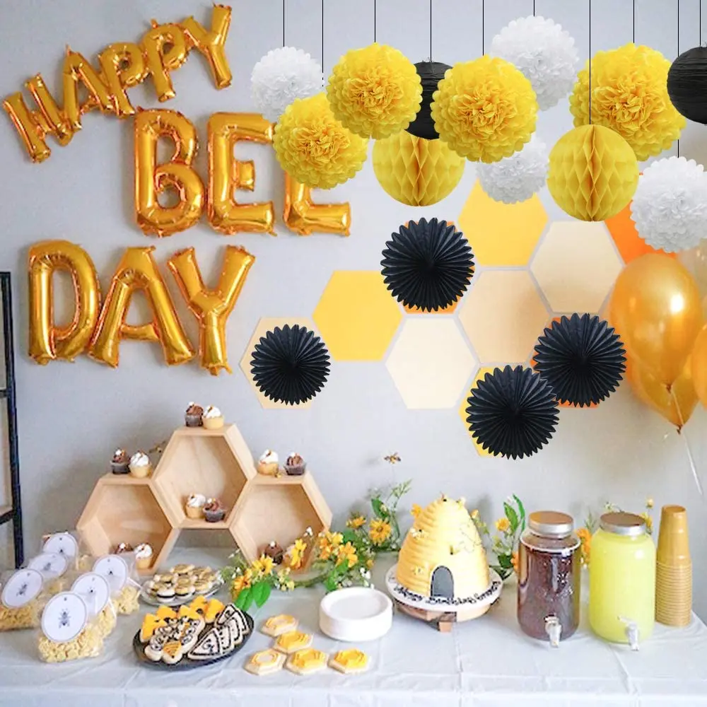SIFAN honey bee party decorations, bumble bee baby shower hanging paper  fans lanterns tissue honeycomb ball glitter circle dot garl