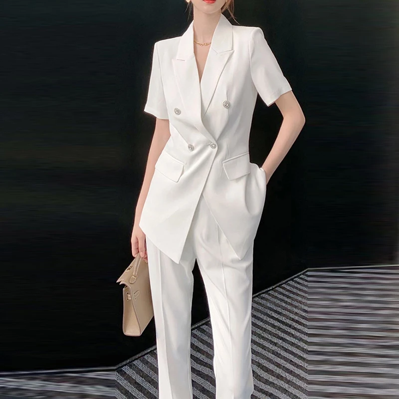 

Pants Set 2023 Summer New Fashion Slim Women Suit Chic High Waist Pencil Pants And Short Sleeve Blazers Coats 2-Piece Sets