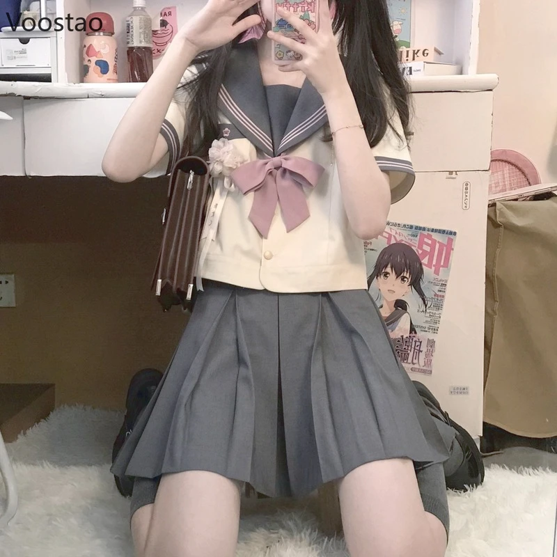 Japanese School Girl JK Uniform Women Kawaii Bow Blouses High Waist Mini Pleated Skirts Sets Girls Cute Sailor Uniform Costumes japanese school uniform japanese schoolgirl skirt