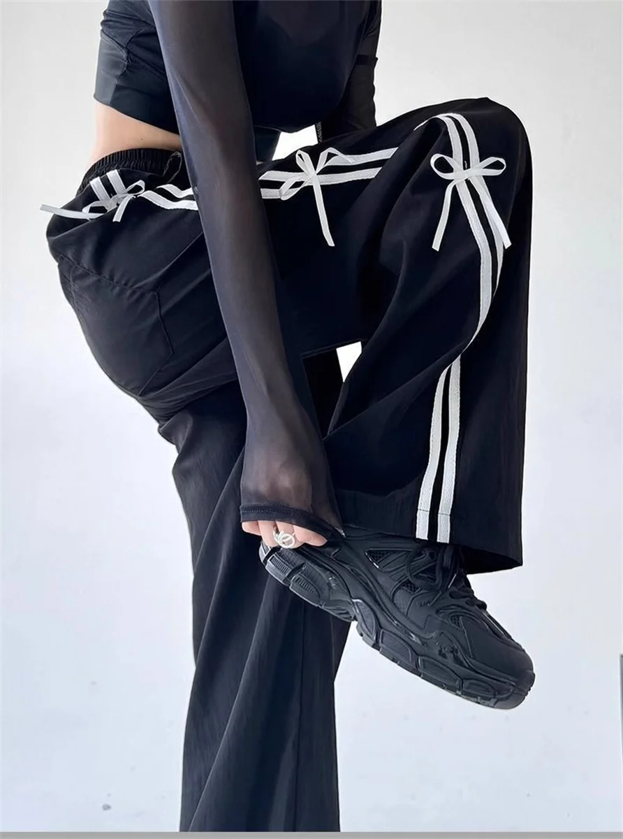 Retro Side Stripe Bowknot Wide Leg Pants Women High Waist Casual Sports Trousers Harajuku Cargo Pants Streetwear Hip Hop Joggers