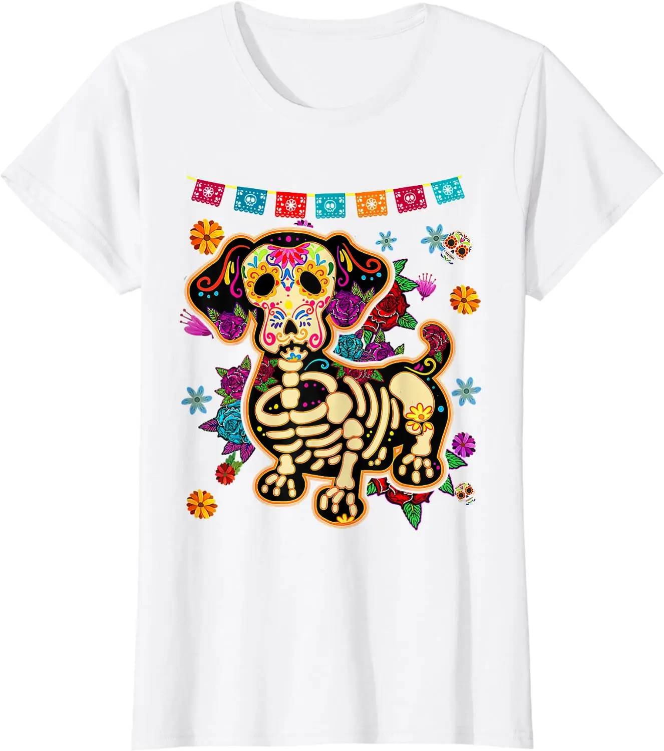 Sugar Skull Mexican Dachshund Bone Halloween Day of Dead T-Shirt Casual Cotton Four Seasons Graphic T Shirts Funny T Shirts short sleeve t shirt,long sleeve t shirt