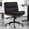 Armless Modern Walnut Office Desk Chair with Wheels, Adjustable Wide Swivel Task Chair, Ergonomic Cross Legged Fabric Chair for 1