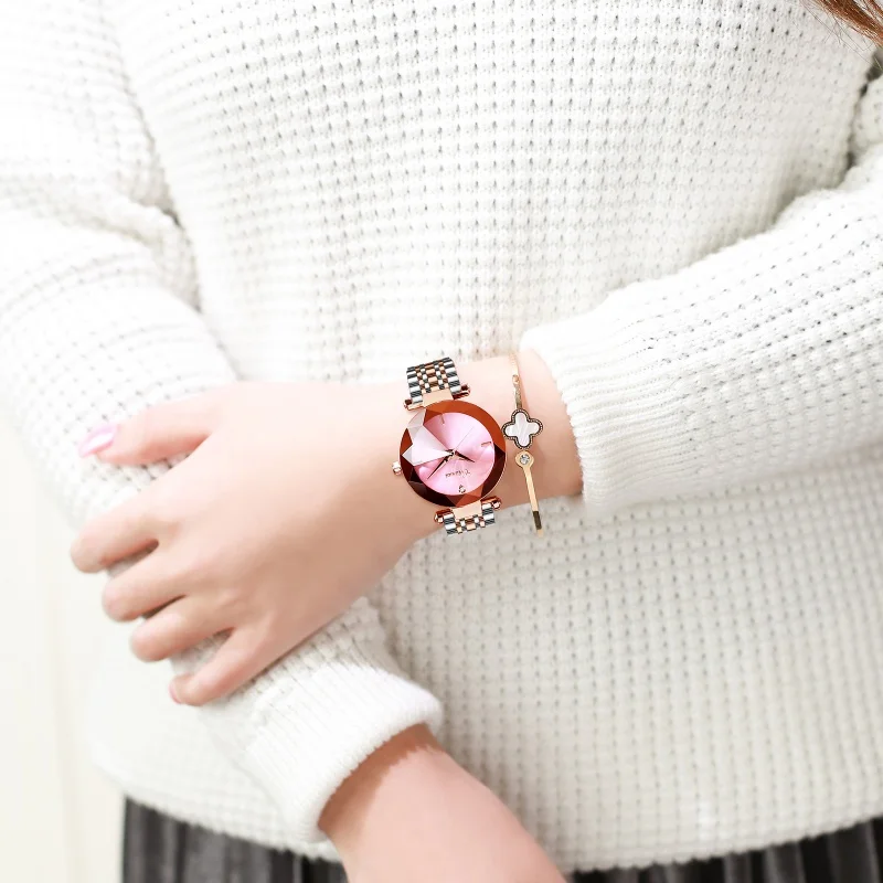 3 Atm Waterproof Diamond Cut Watch Mirror Women Butterfly Buckle Stainless Steel Band Quartz Wrist Watch For Lady