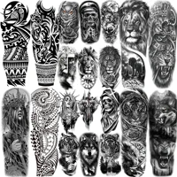1 Sheet Totem Lion Tiger Wolf Temporary Tattoos Full Arm Sleeve For Women Men Realistic Fake Animals Tattoos Sticker Waterproof