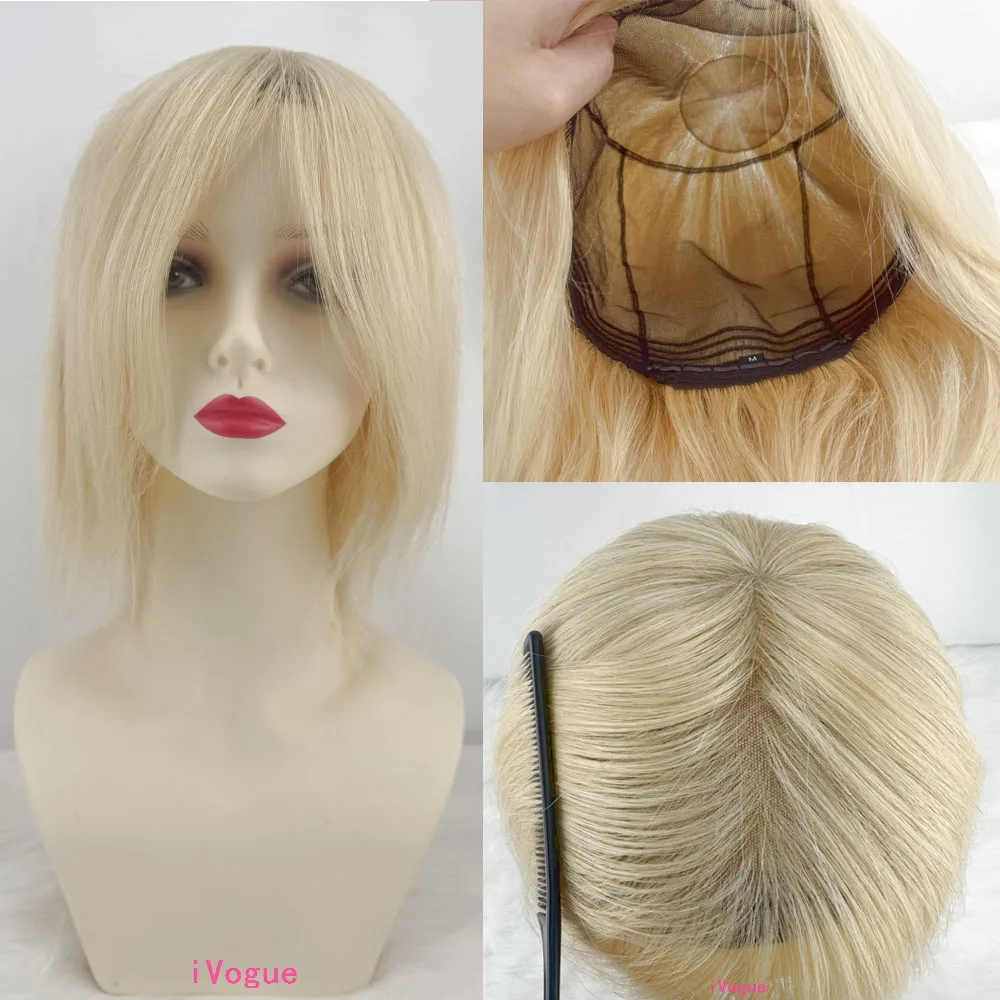 Ash Blonde European Human Hair Short Pixie Cut Wig Full Lace Silk Crown Wig with Adjust Straps For Women DIY Color Breathable