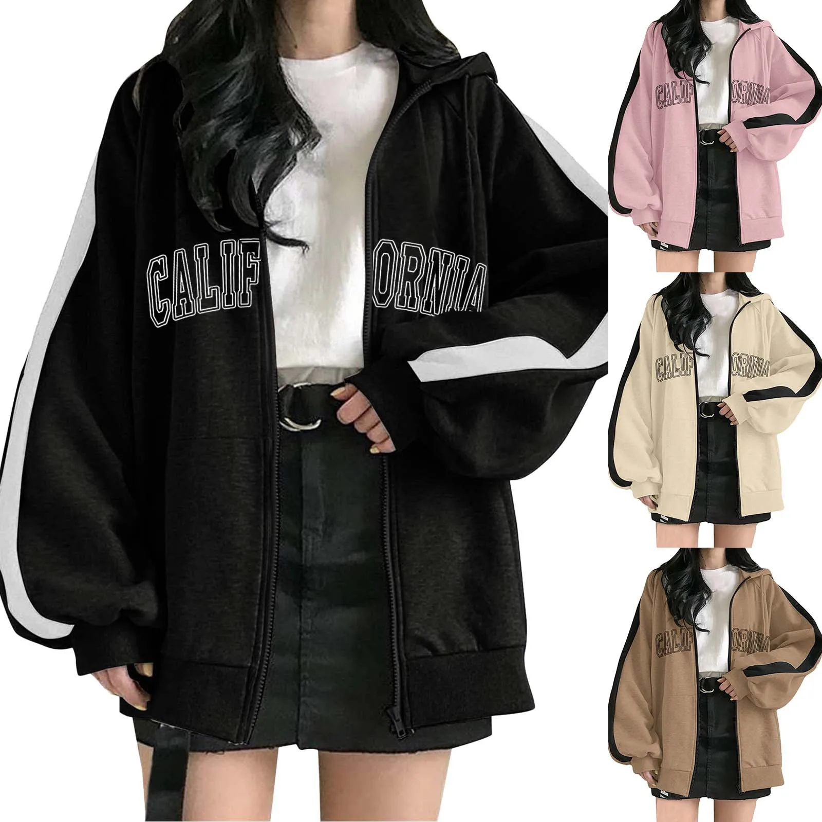 

California Letter Casual Hooded Sweatshirts Women Streetwear Fleece Coat Female Harajuku Loose Y2k Aesthetic Zip Up Hoodies худи