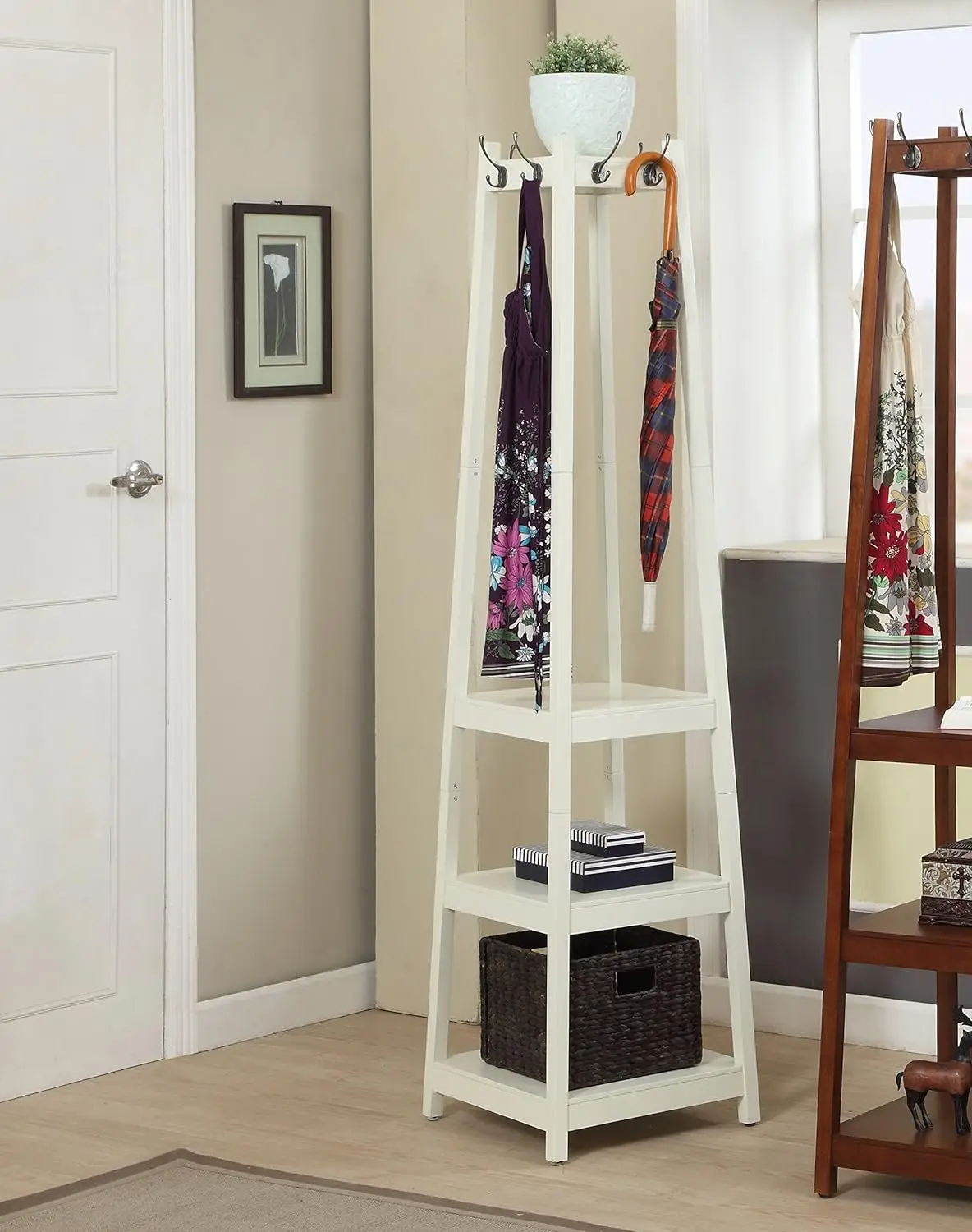 Vassen Coat Rack with 3-Tier Storage Shelves, White Finish