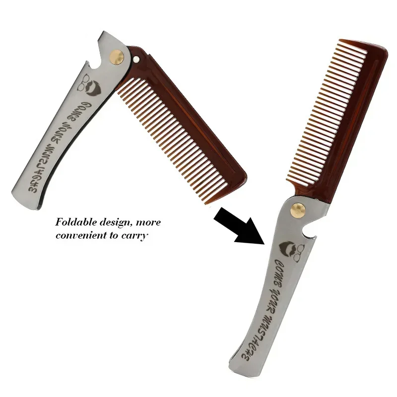 

1 Pcs Metal Handle Foldable Combing Mustache Comb Men Folding Pocket Comb Knife Shape PP Teeth Detangling Hair Beard Facial Comb
