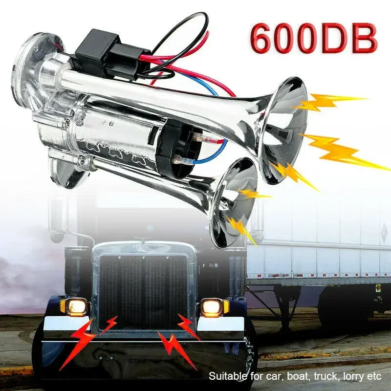 600DB Horn 12V Super Loud Car Electric Horn Dual Trumpets Air Horn Speaker For Car SUV Vehicle Boat Train Motorcycle RV Truck 3