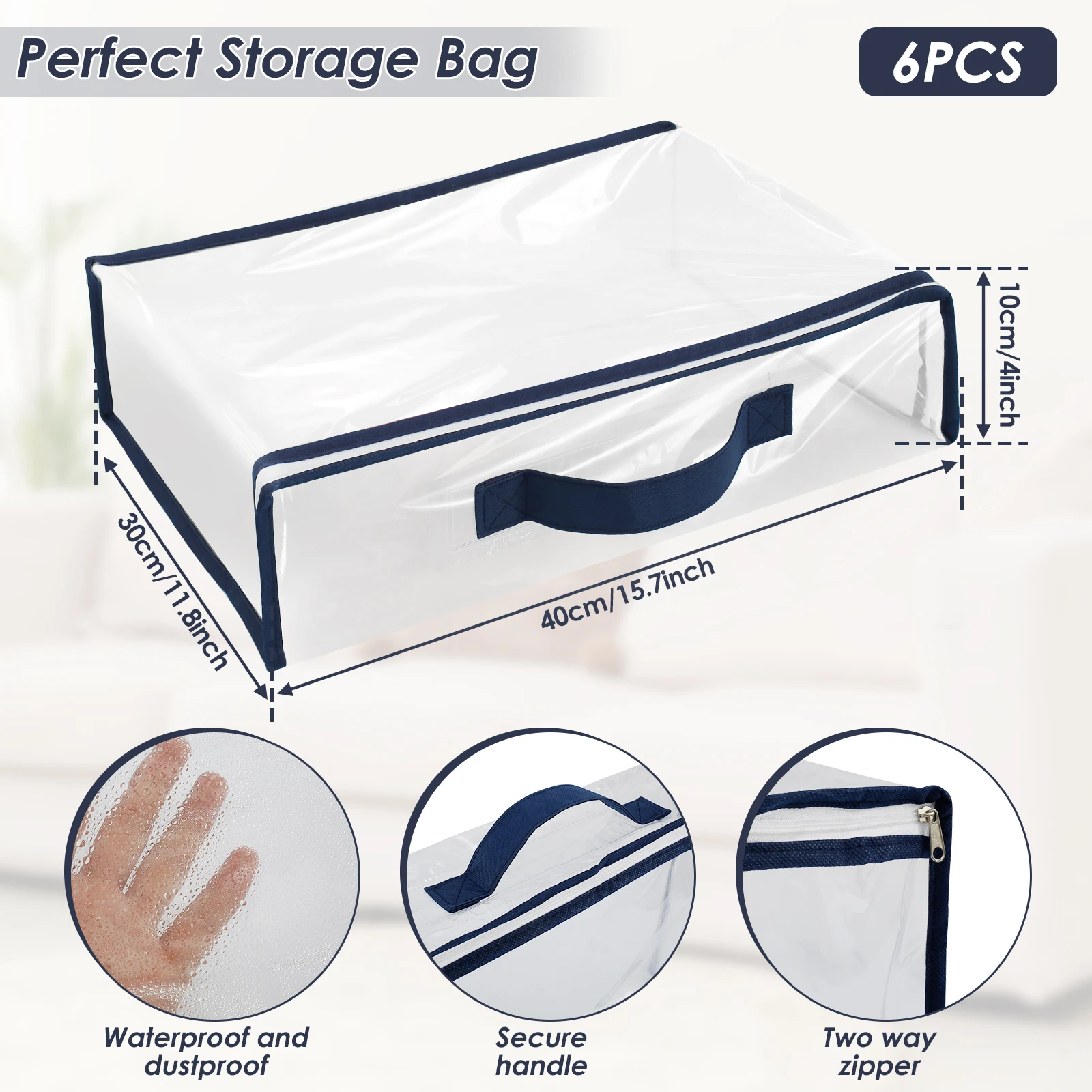 Waterproof Dustproof Clear Zippered Storage Bags for Bedding and Textiles (Set of 6)