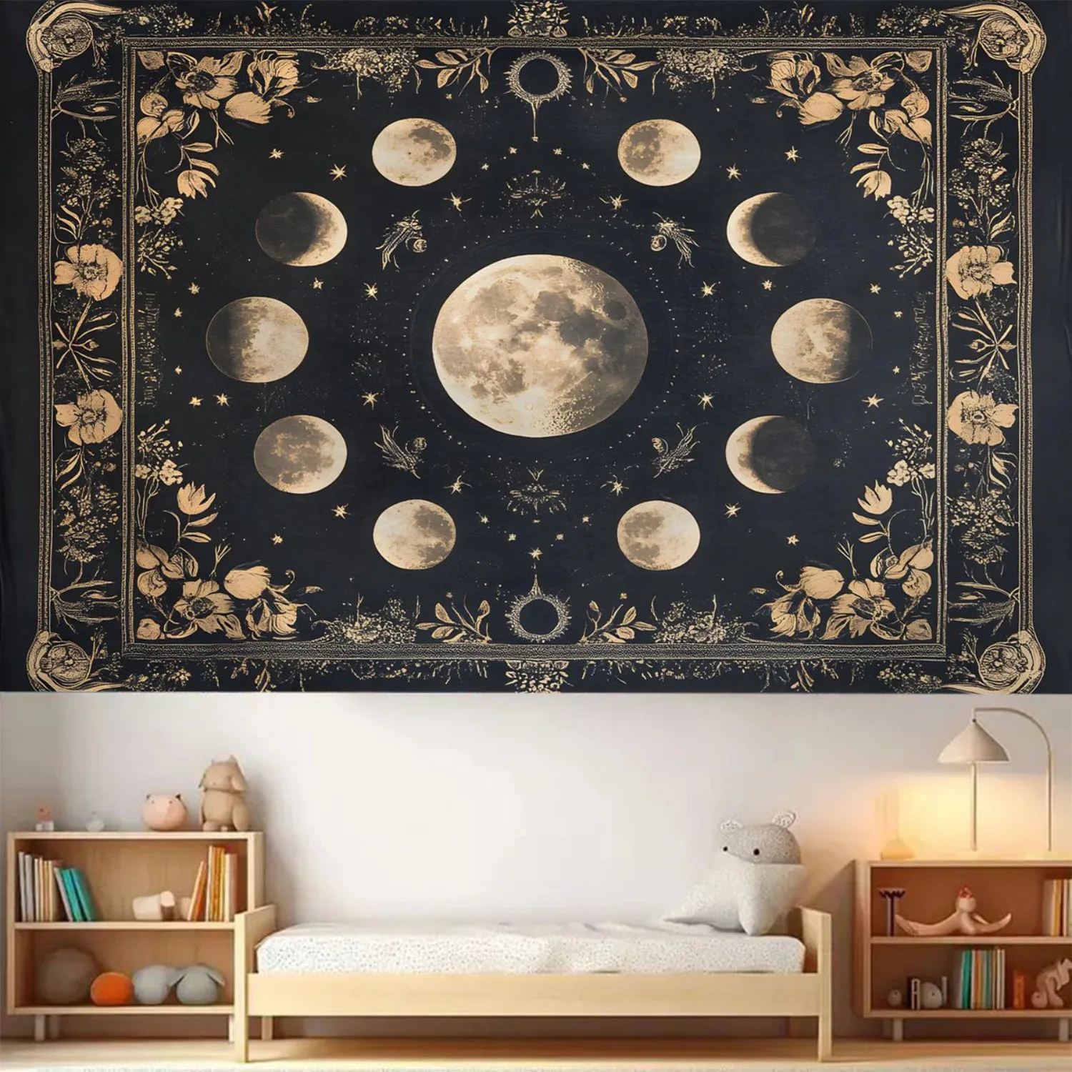 1 piece Moon Phases and Floral Tapestry Wall Hanging - Polyester Fabric ...