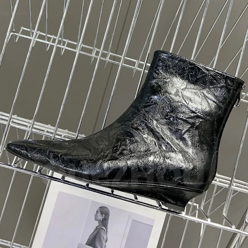 

Women Ankle Boots Spring Autumn 2023 New Patent Leather Upper Back Zip Design Wedges Short Boots Concise Versatile Female Shoes