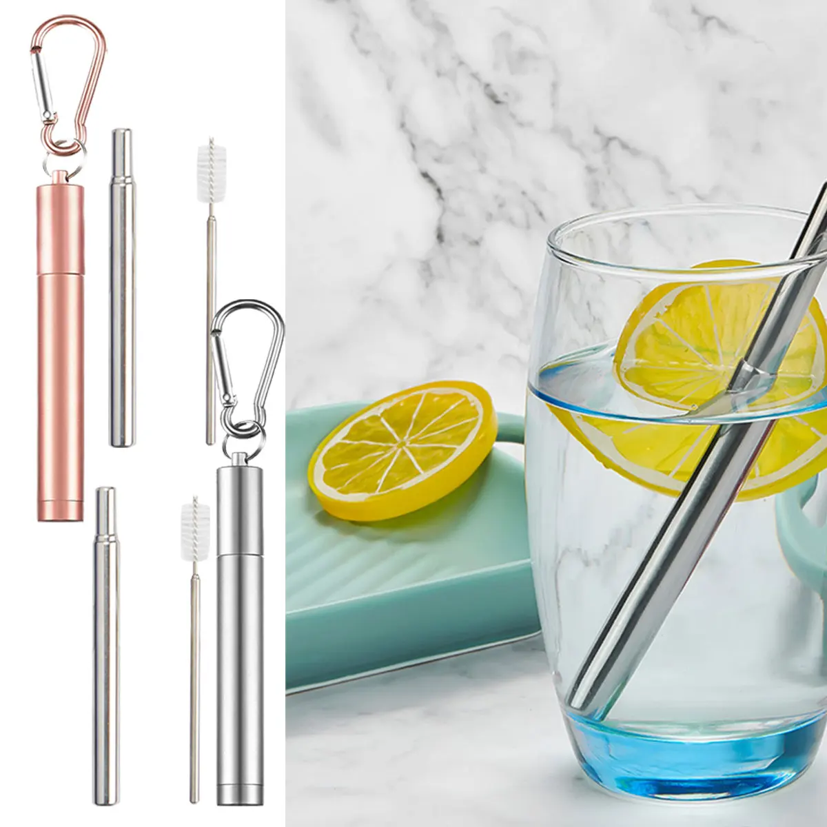 

Reusable 304 Stainless Steel Telescopic Straw Three Sections with Aluminum Alloy Storage Tube Foldable Straw outdoor portable tr