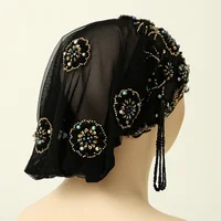 Women Hijab Lace Beaded Turban Muslim Headscarf Breathable Hat Bonnet Mesh Beanies Wedding Party Head Wrap Cap Turbante Mujer