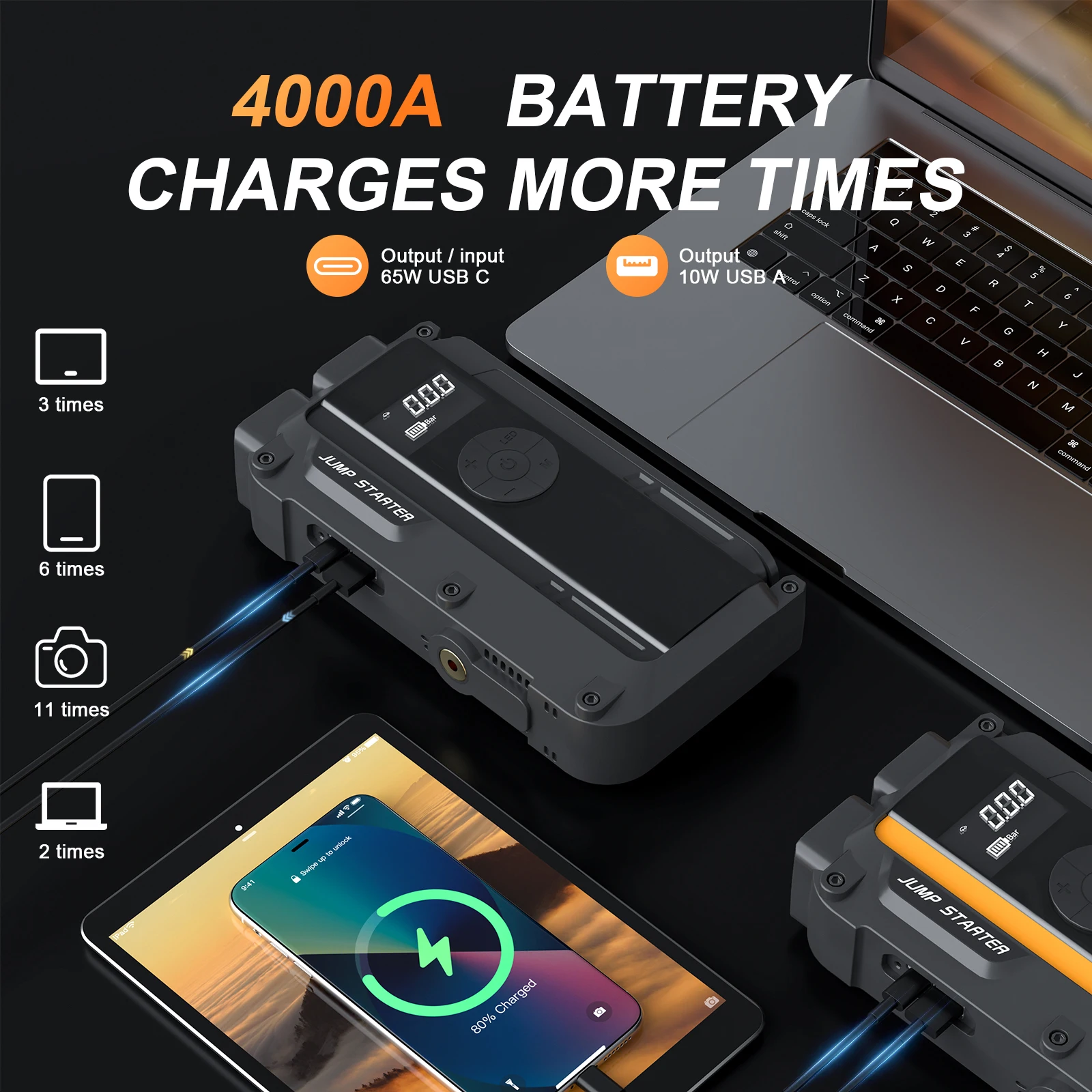 Roadjoy 3000A Car Jump Starter Car Battery With Air Compressor Charger PD 100W Fast Charging Emergency Booster Starting Device