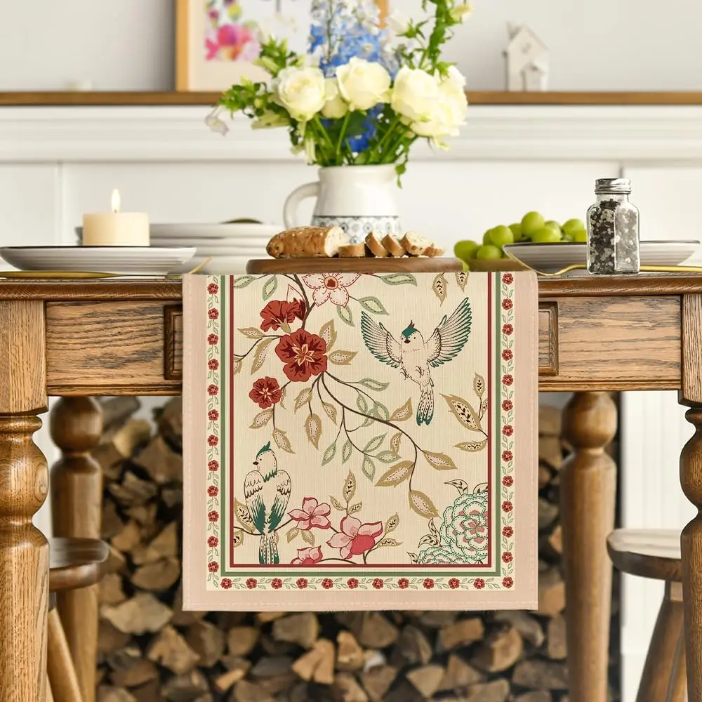 Floral Birds Linen Table Runner 2
