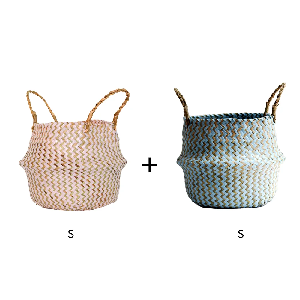 2PCS Boho style Decor Handmade Straw Seaweed Flower Basket Plant Pot Wicker Storage Basket Collapsible Laundry Basket 3