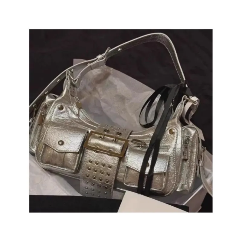 JIAERDI High Street Silver Y2k Shoulder Bags Women Rivet Pocket Chic Casual Underarm Bag Hot Girls Moto Biker Crossbody Bags New
